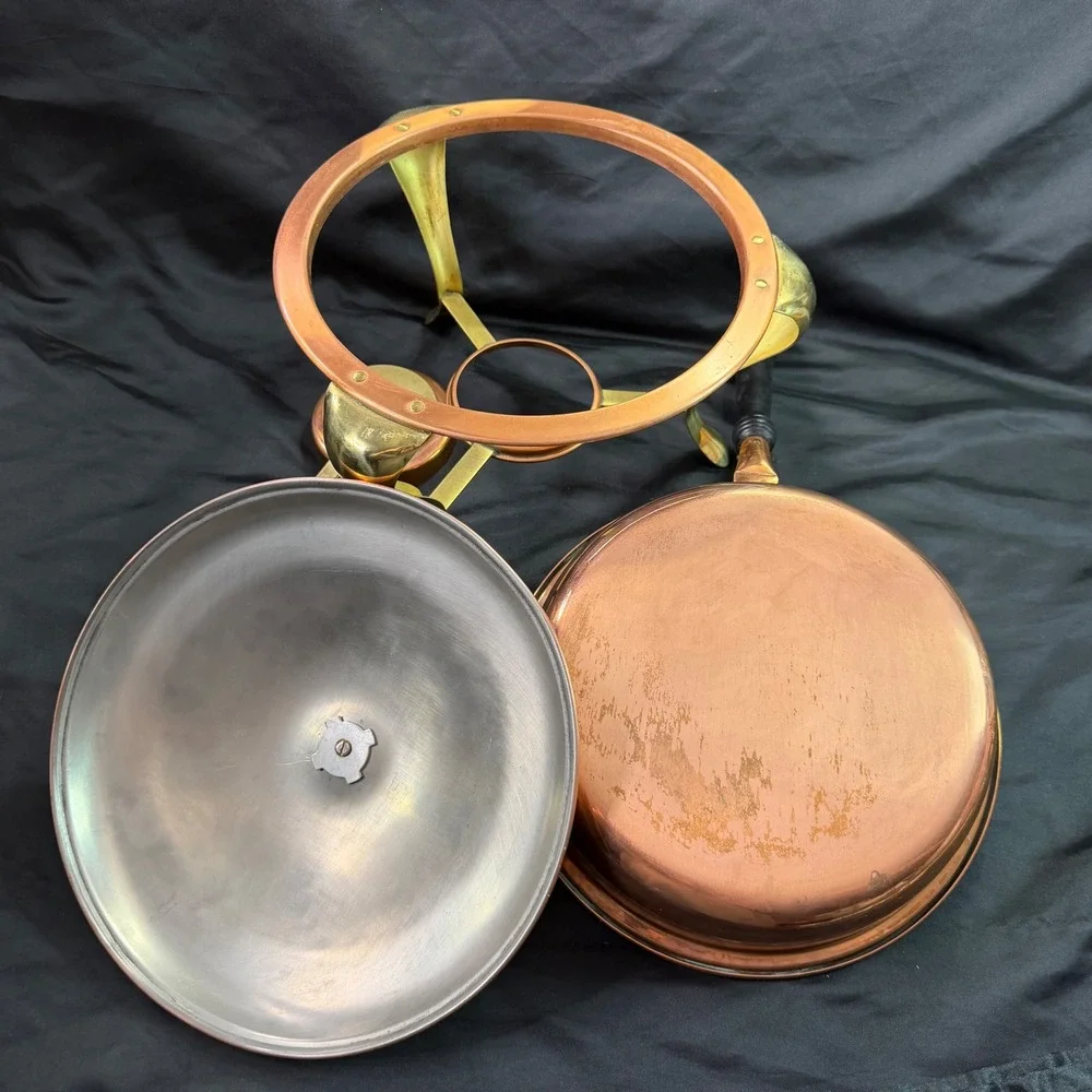 Vintage Copper Chafing Dish Set with Brass Stand and Wooden Handle
